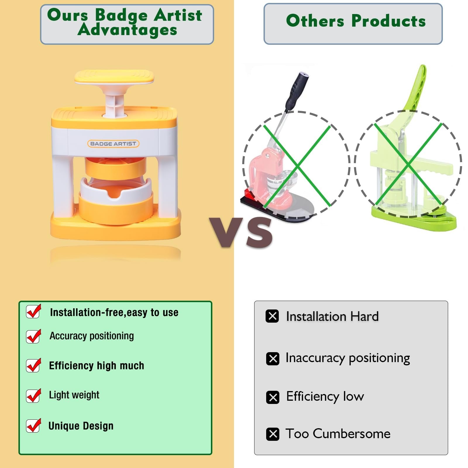 Button badge maker comparison: badge artist machine vs. Other products, highlighting advantages and disadvantages.