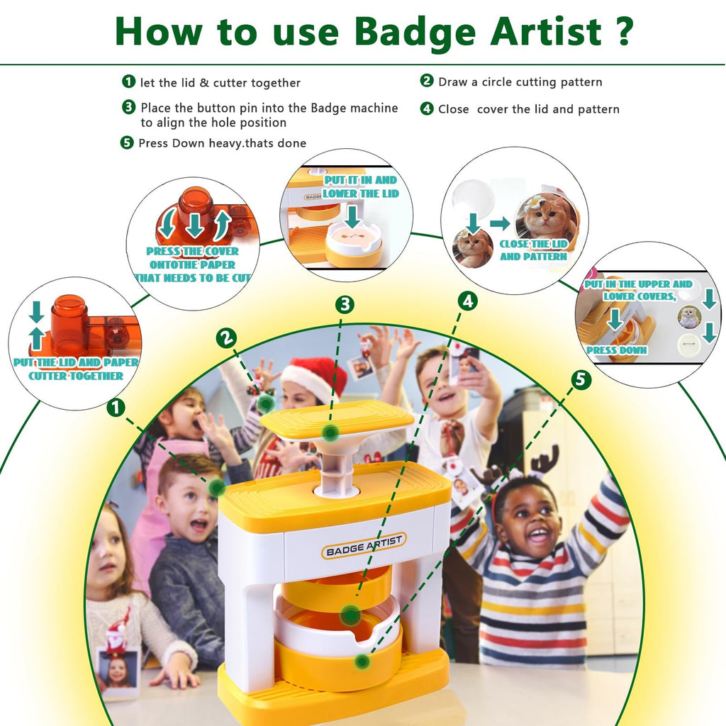 Button badge maker with instructional graphics and children in the background. The machine is yellow and white.