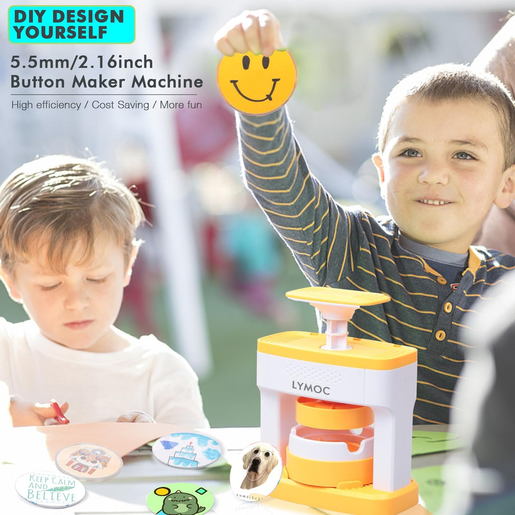 Children using a button maker machine to create custom badges with various designs, including a smiley face and a cake.