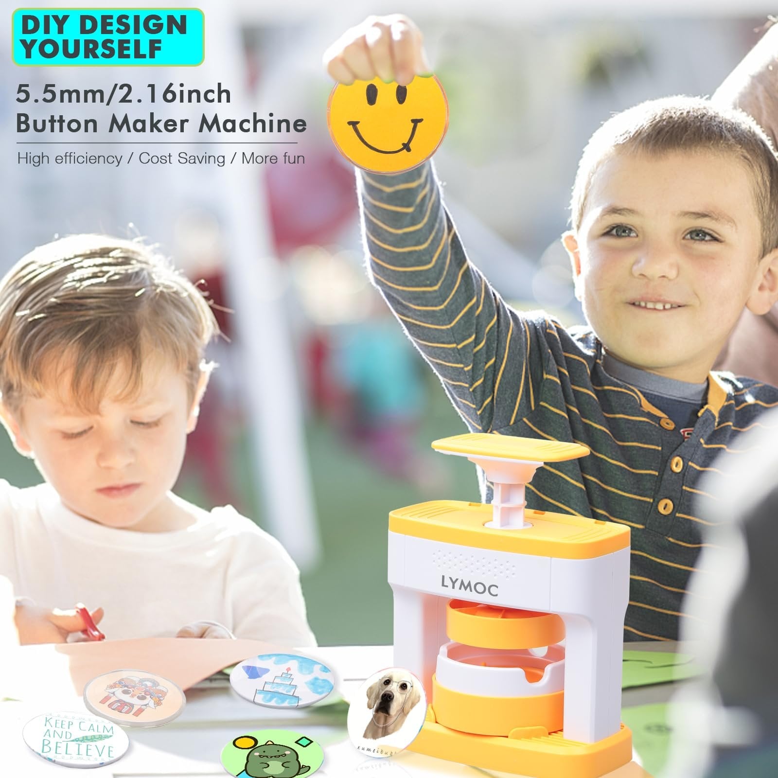 Children using a button maker machine to create custom badges with various designs, including a smiley face and a cake.