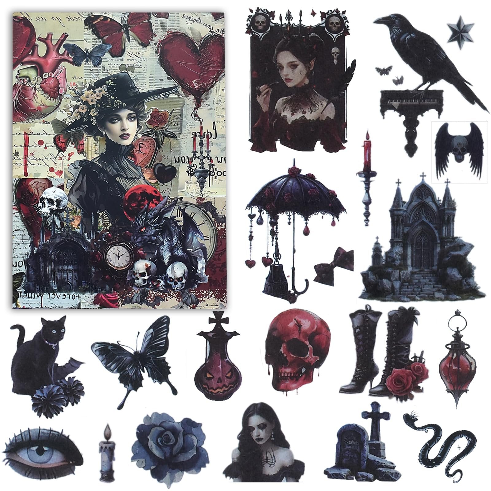 Collage of gothic-themed stickers including a woman in a hat, butterflies, skulls, a black cat, boots, and a castle.