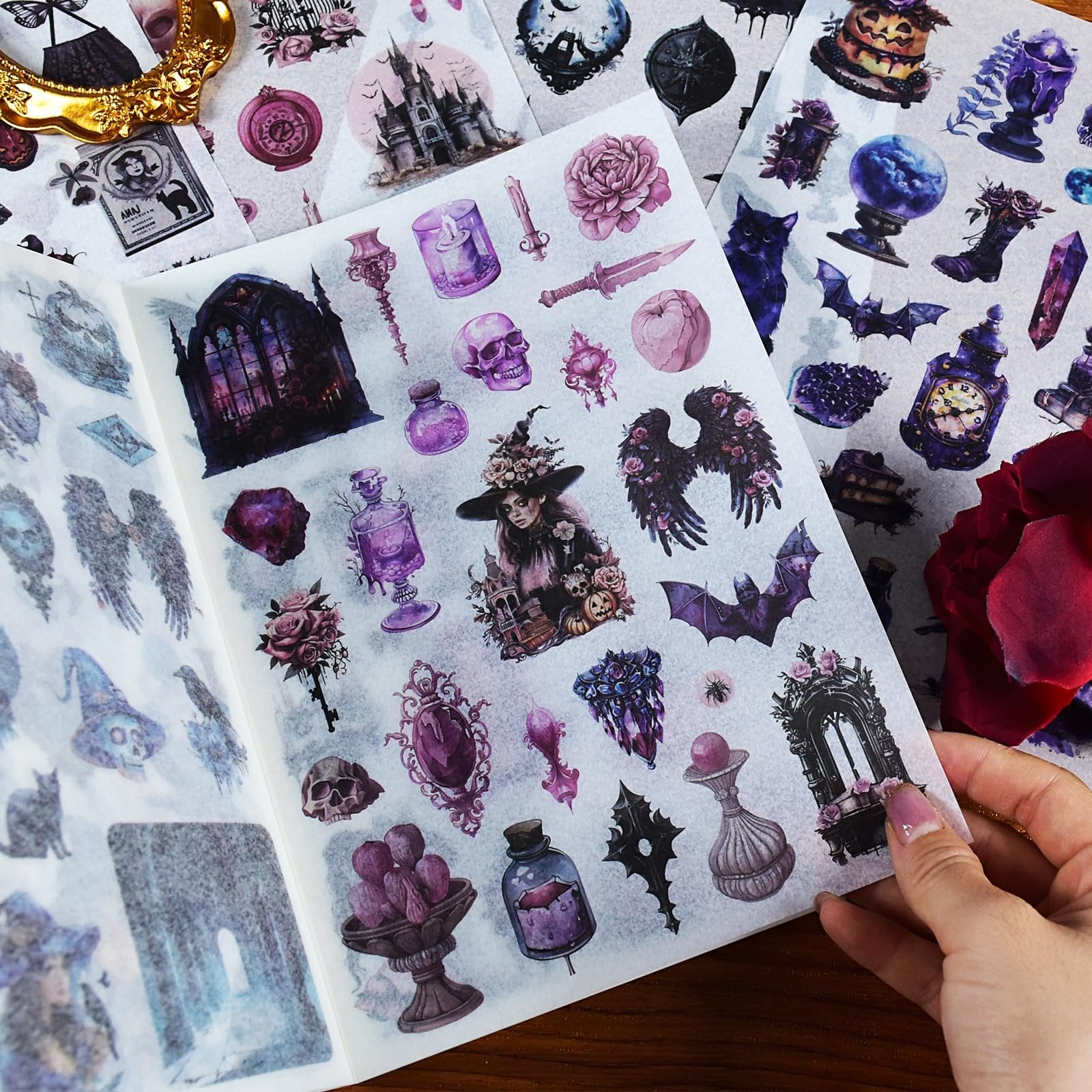 Gothic and floral scrapbook stickers featuring witches, skulls, bats, castles, and potions.