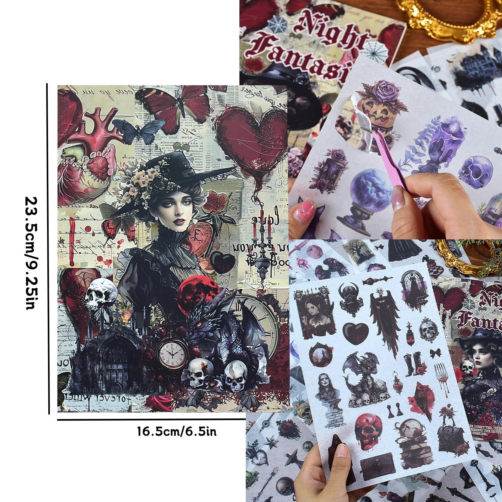 Collage of gothic-themed stickers featuring a woman in a hat, butterflies, skulls, a dragon, and various ornate designs. Includes a hand holding tweezers picking up a sticker.