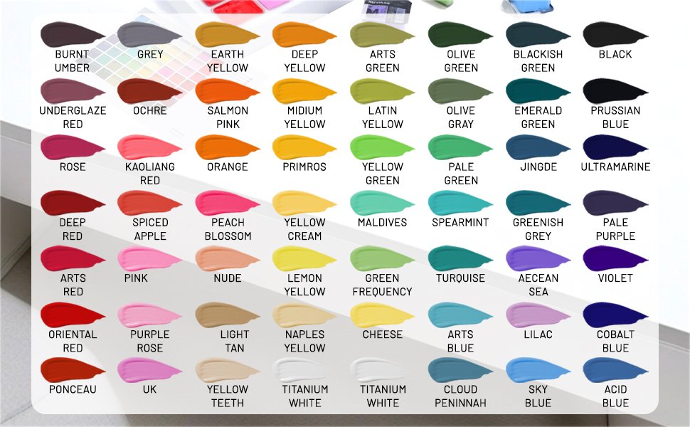 Swatches of 56 gouache paint colors with their names, arranged in rows and columns.