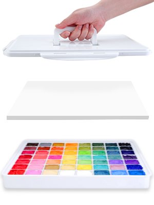 Hand holding a portable case with a handle, above a white surface and a tray of 56 colorful gouache paint cups.