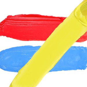 Red, yellow, and blue paint strokes on a white background with a yellow brush tip.