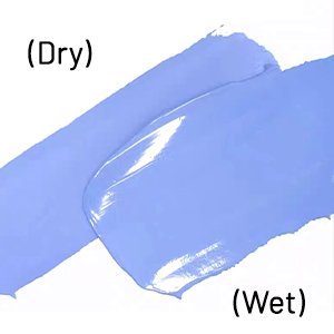 Two swatches of light blue gouache paint, one labeled (Dry) and the other (Wet), on a white background.