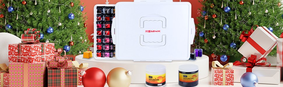 Gouache paint set in a white case with jelly cups, displayed with Christmas trees and gifts.
