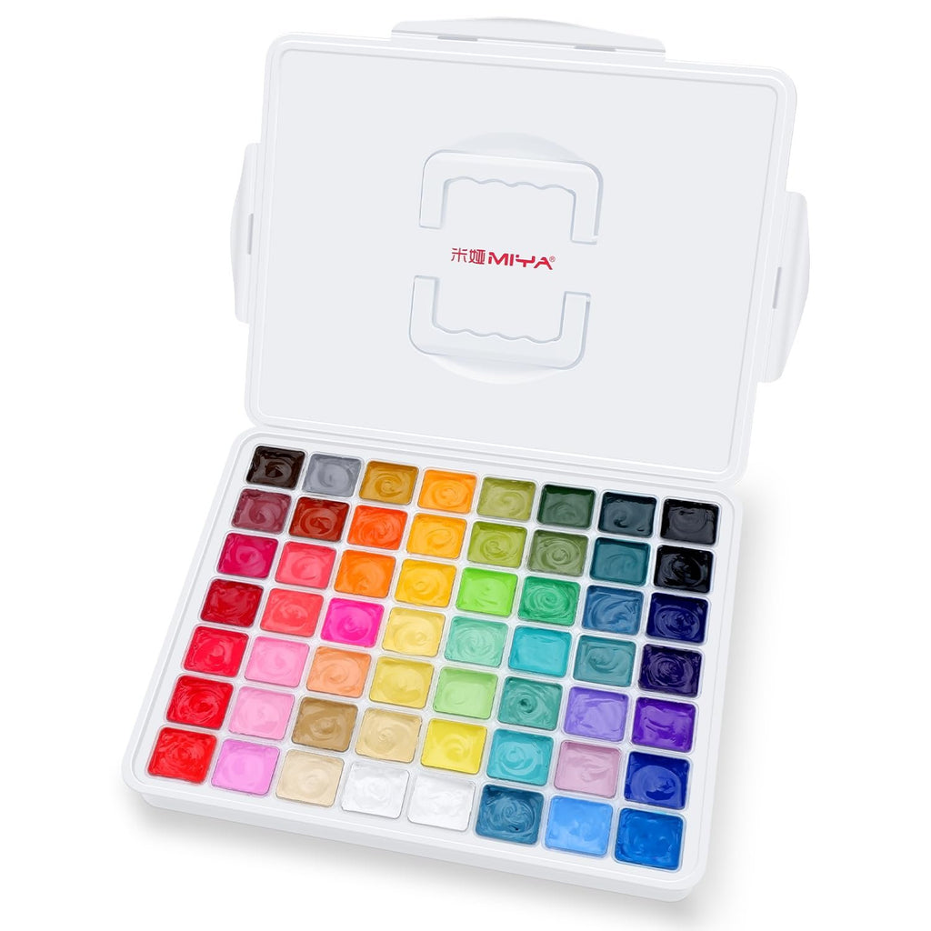 Open white case with 56 colors of gouache paint in jelly cups, top lid shows red Chinese characters and 'MIYA' logo.