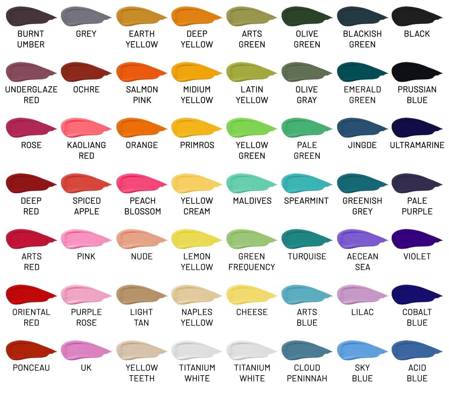 Swatches of 56 vibrant gouache paint colors labeled with their names, arranged in a grid.