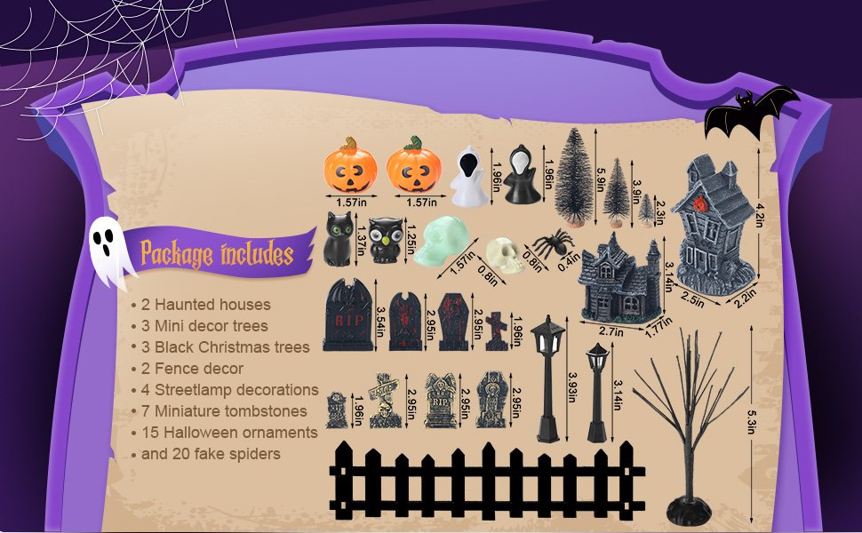 Halloween village accessories set including haunted houses, pumpkins, ghosts, trees, tombstones, streetlamps, fence, and spiders with dimensions.
