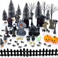 Halloween village accessories set including haunted houses, tombstones, trees, fence, streetlamps, spiders, skulls, ghosts, pumpkins, and owls.
