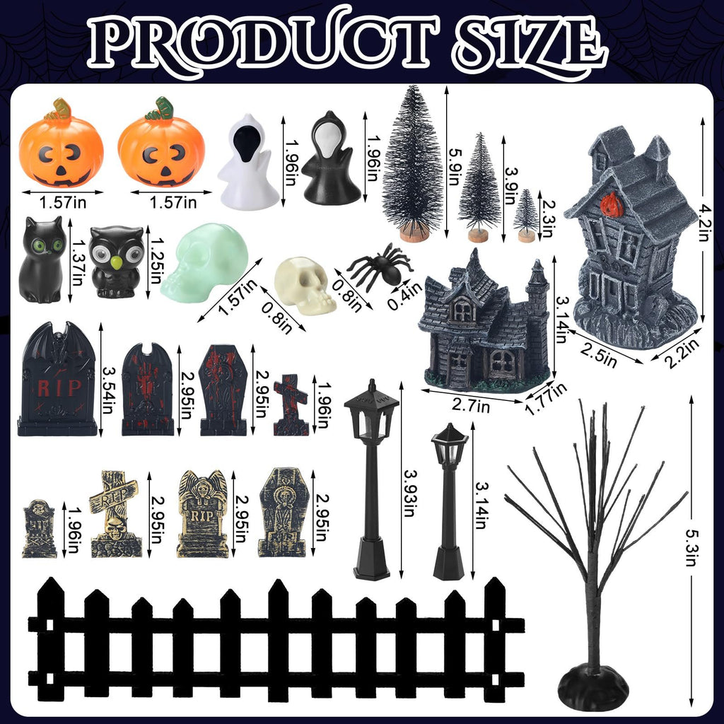 Halloween village accessories set including pumpkins, ghosts, cats, owls, skulls, trees, haunted houses, tombstones, fence, and streetlamps with size dimensions.