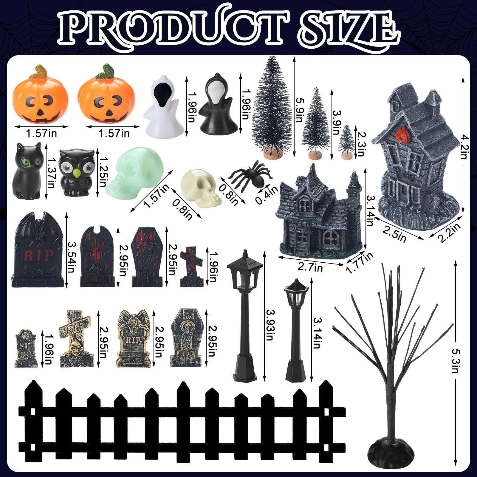 Halloween village accessories set including pumpkins, ghosts, cats, owls, skulls, trees, haunted houses, tombstones, fence, and streetlamps with size dimensions.