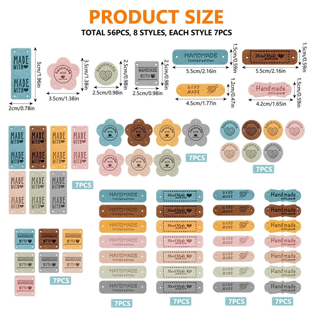Assortment of artificial leather handmade labels in various shapes and colors, with size dimensions shown.