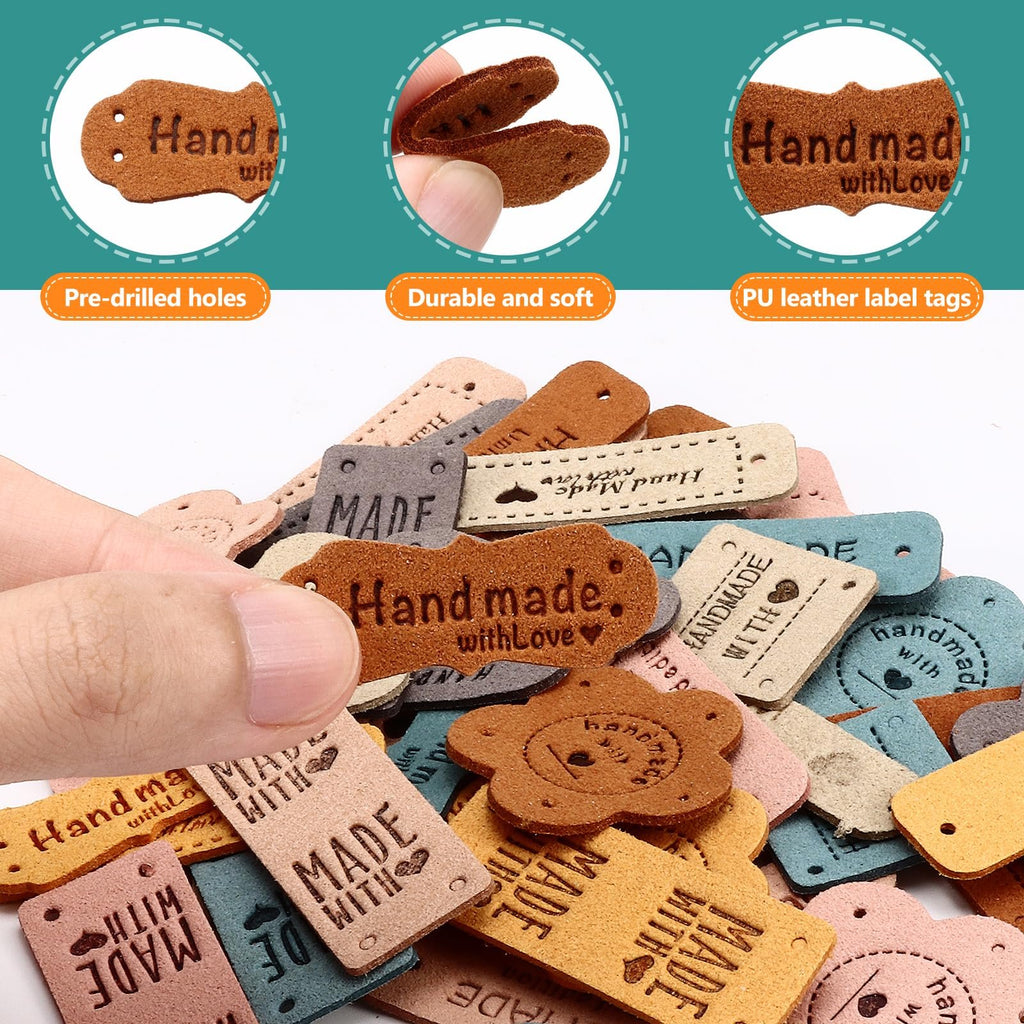 Pile of assorted artificial leather handmade labels in various shapes and colors, some with pre-drilled holes.