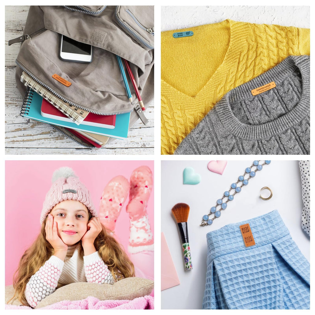 Collage of four images showing handmade labels on a backpack, sweaters, a girl's hat, and a blue fabric.