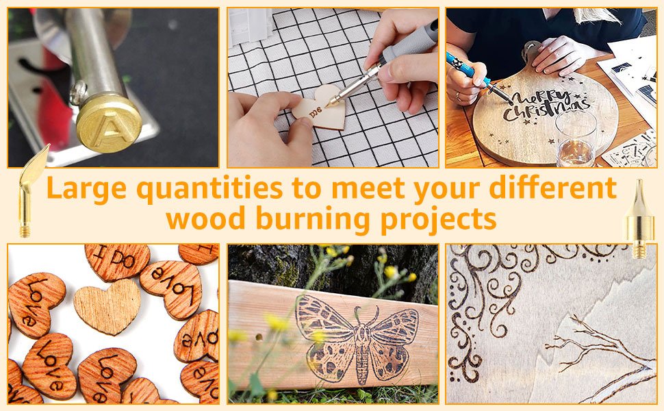 Collage of wood burning projects and tools, showing tips, alphabet stamps, and examples of carved designs on wood.