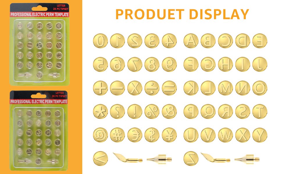 Two blister packs of wood burning tips and a display of individual alphabet, number, and symbol tips.