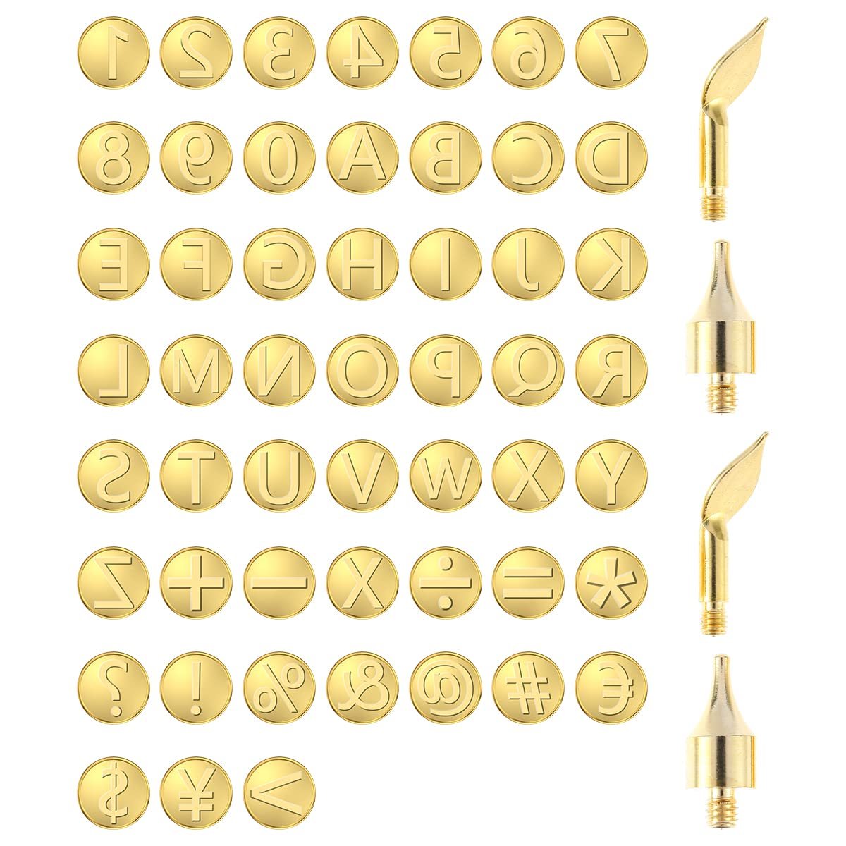 Set of brass alphabet, number, and symbol wood burning tips with four wood burning tool attachments.