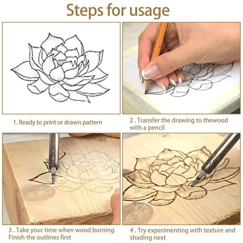 Four-step guide showing how to wood burn a succulent pattern onto wood, from drawing to final shading.