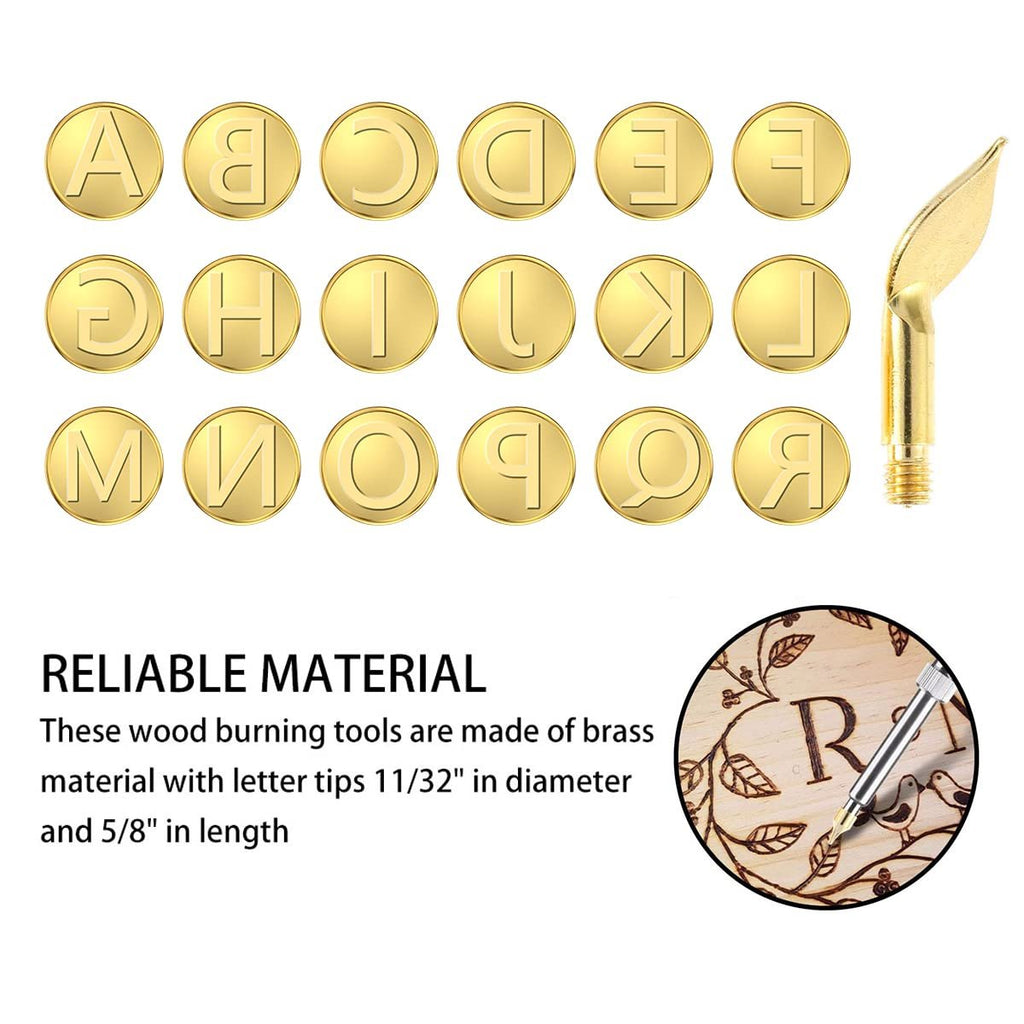 Brass alphabet and symbol wood burning tips with a wood burning tool in use on wood