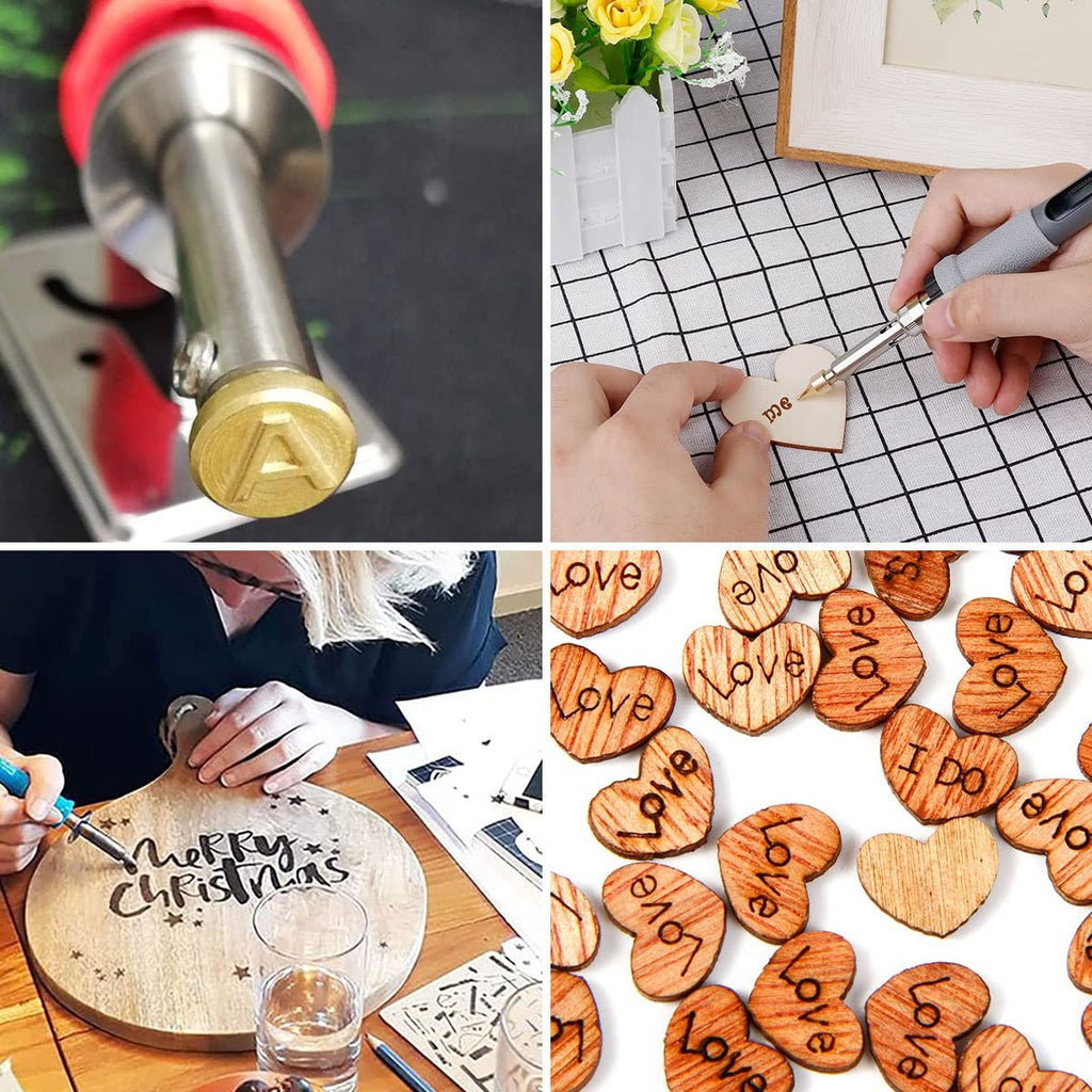 Collage of wood burning tool tips and examples of use on wood crafts like hearts and cutting boards.