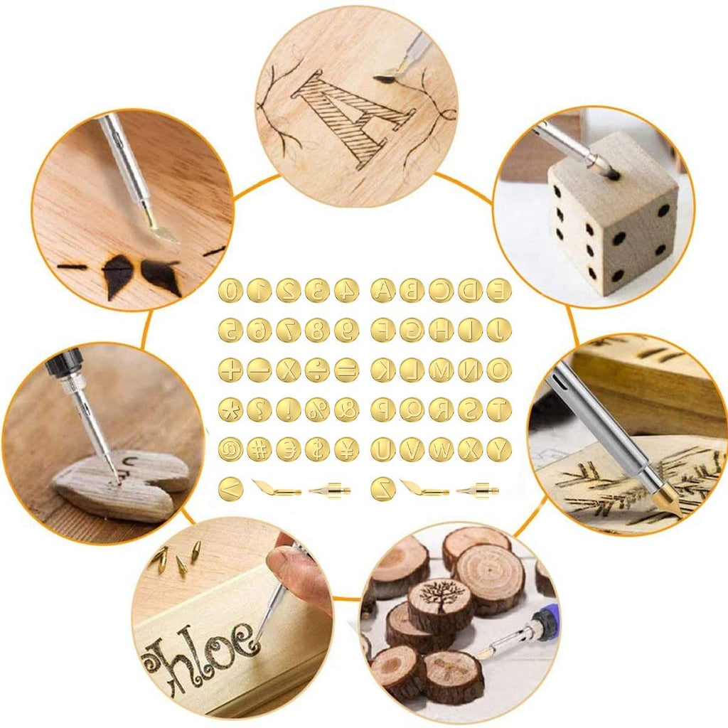 Wood burning tip set with alphabet, number, and symbol templates shown in various applications on wood.
