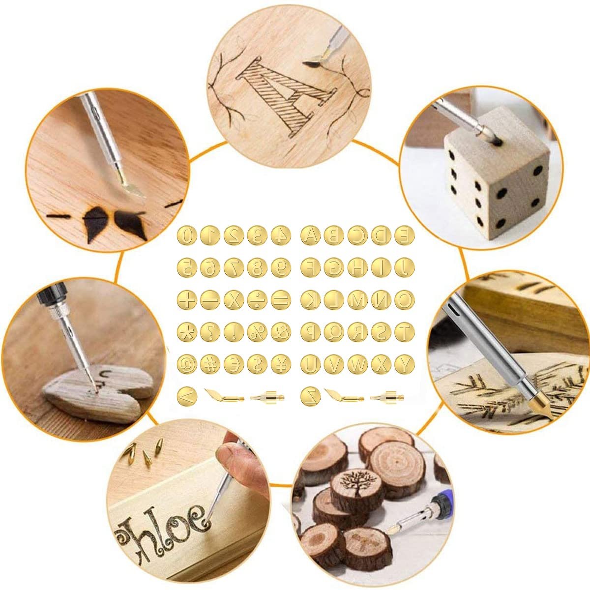 Wood burning tip set with alphabet, number, and symbol templates shown in various applications on wood.