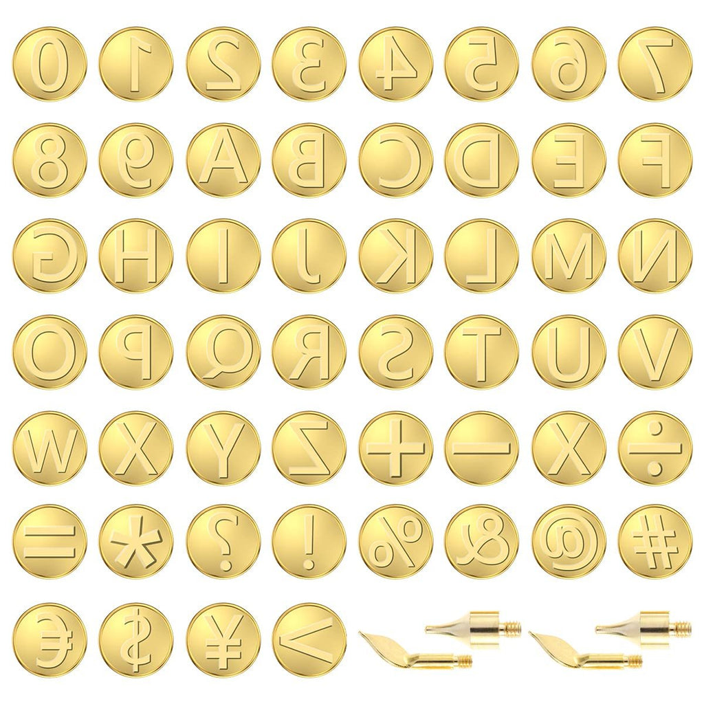 Set of 56 brass wood burning tips with alphabet, numbers, symbols, and currency icons, plus three soldering iron tips.