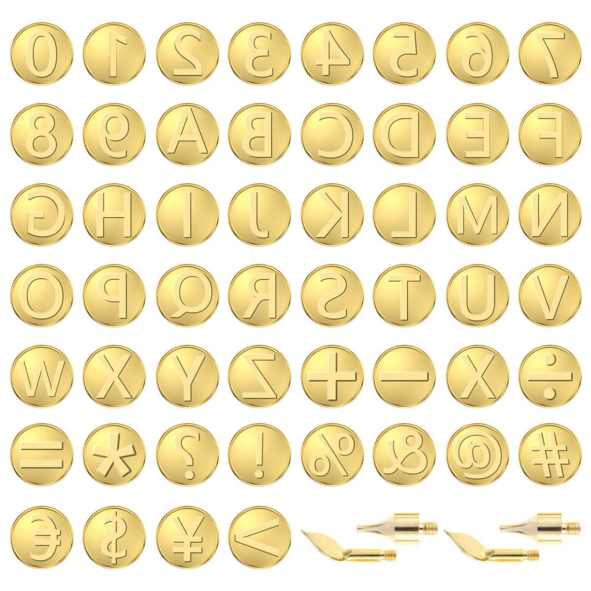 Set of 56 brass wood burning tips with alphabet, numbers, symbols, and currency icons, plus three soldering iron tips.