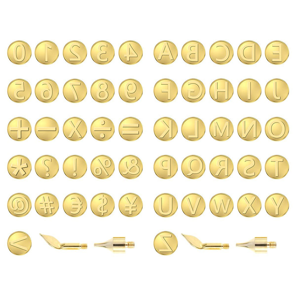 Gold brass wood burning tips with alphabet, number, and symbol templates arranged in rows, with individual tips shown below.