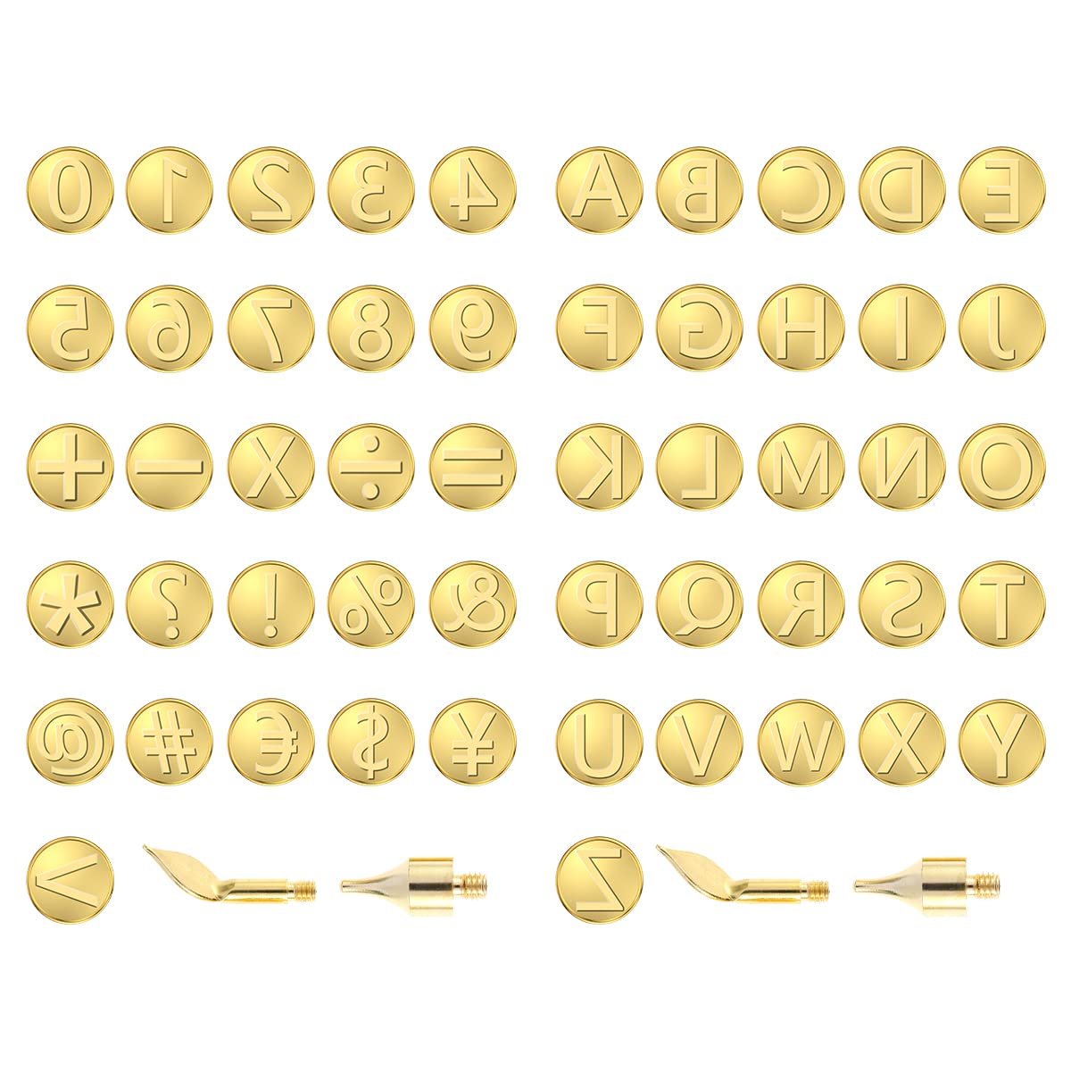 Gold brass wood burning tips with alphabet, number, and symbol templates arranged in rows, with individual tips shown below.