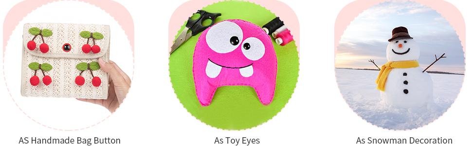 Three circular images showing craft projects: a handmade bag with cherry embellishments, a pink felt monster with googly eyes and thread, and a snowman with a hat and scarf.