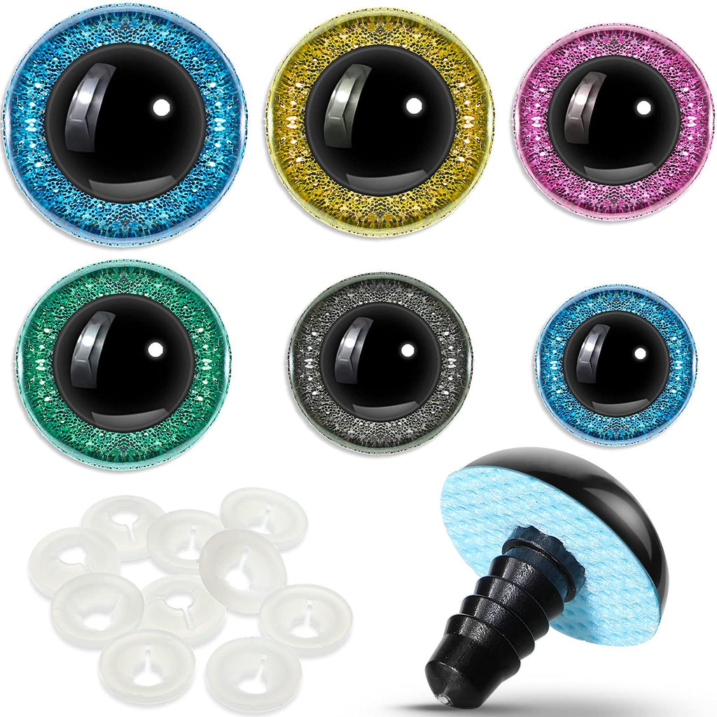 Assorted large plastic safety eyes in blue, gold, pink, green, gray, and smaller blue, with washers and one eye showing its backing and screw.