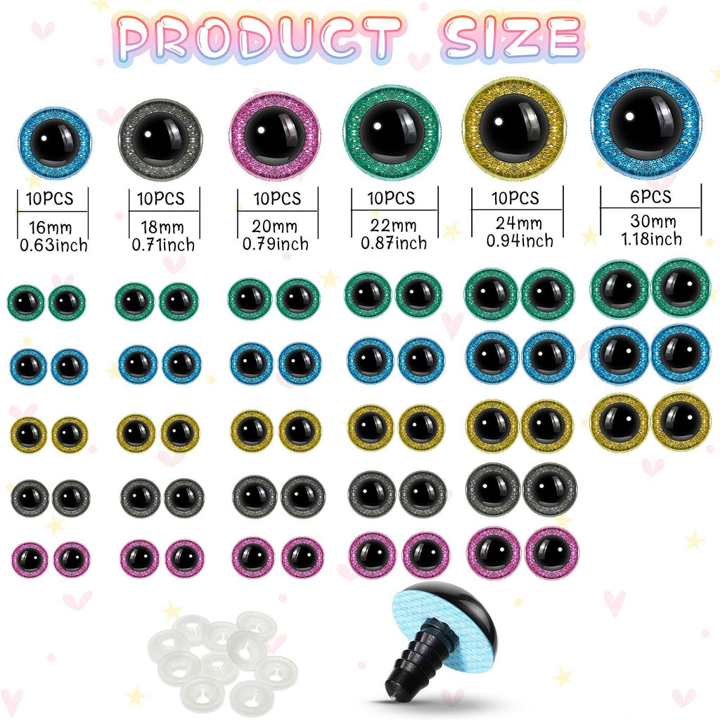 Assortment of large plastic safety eyes in various colors and sizes with washers and one eye showing attachment mechanism.