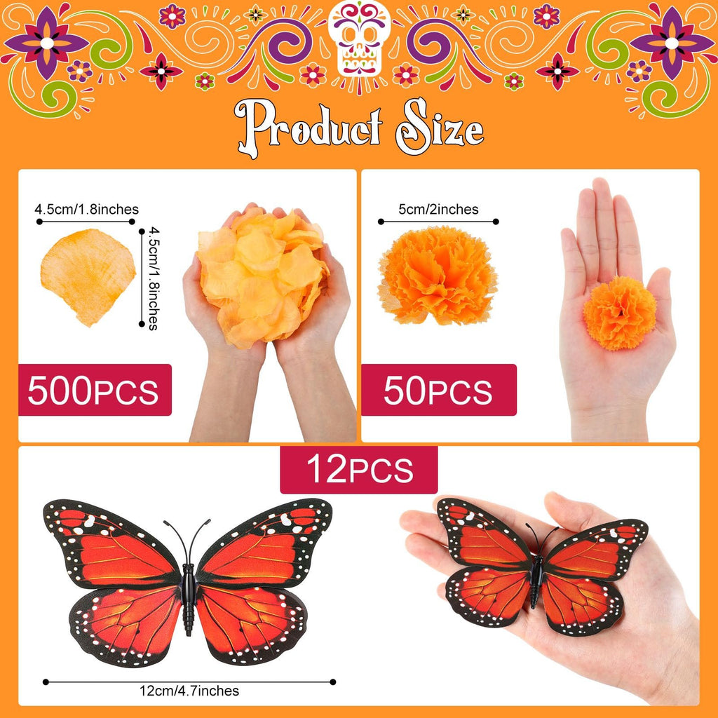 Dia de los Muertos decor set showing orange marigold flowers, petals, and butterflies with size dimensions.