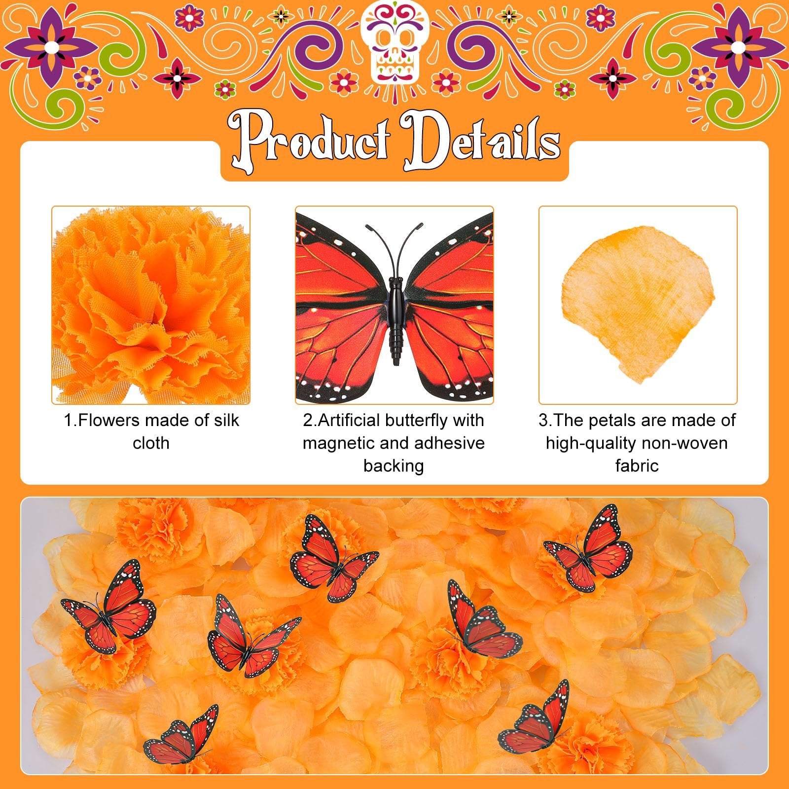 Dia de los Muertos decor set showing orange marigold flowers, red butterflies, and orange petals.