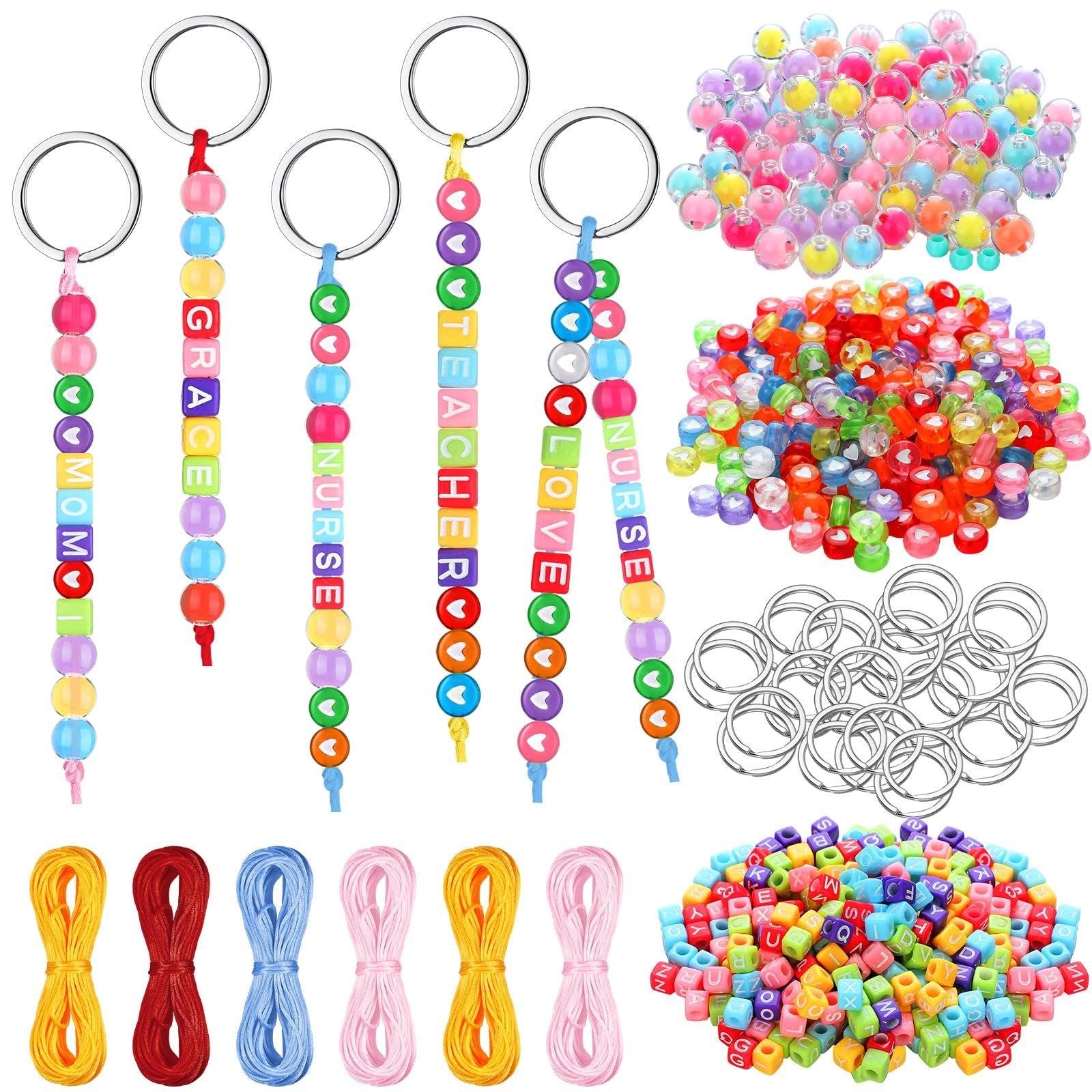DIY bead keychain kit with letter beads, colorful beads, metal rings, and strings arranged on a white background.