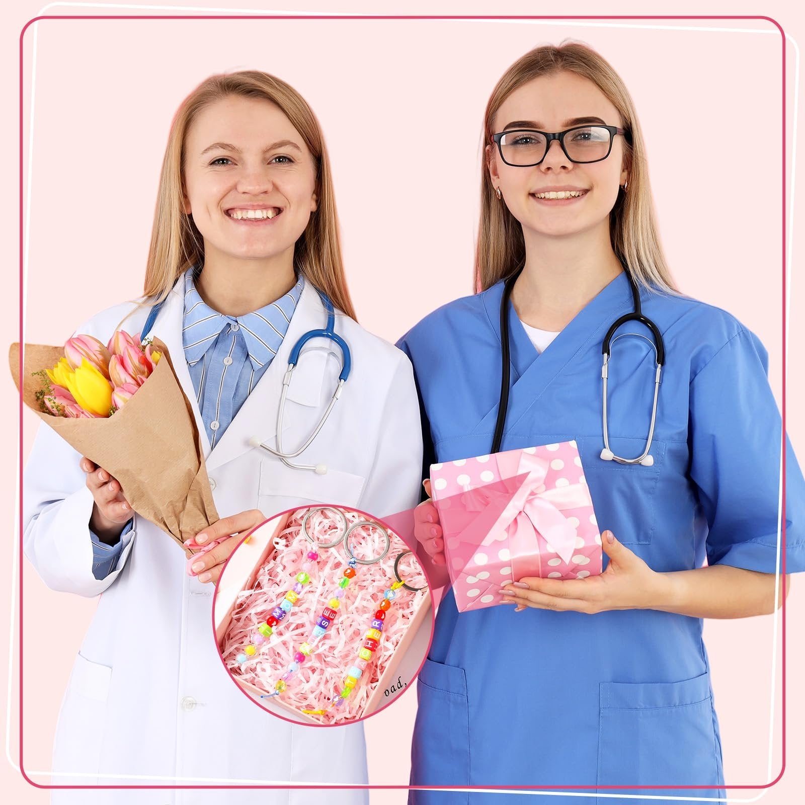 Two smiling women in medical scrubs holding a bouquet of flowers and a gift box, with a close-up inset of colorful beads and keychain rings.