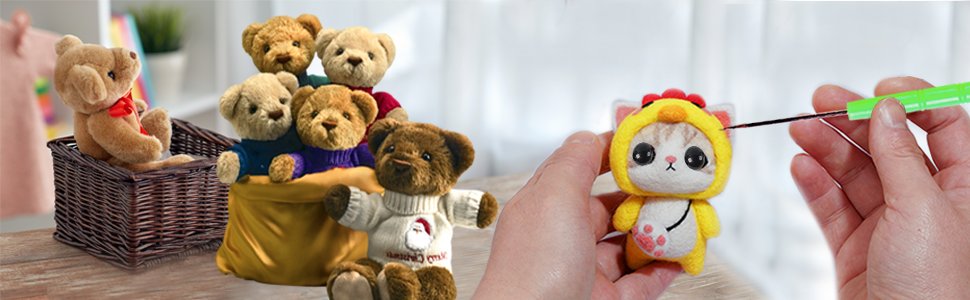 Several teddy bears in a basket and bag, and a felted cat toy being worked on with a needle tool