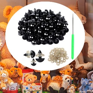 Assorted black safety eyes and noses with washers and an awl tool, displayed in a circular inset over a background of stuffed animals.
