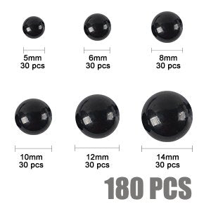 Assorted black safety eyes and noses in six sizes from 5mm to 14mm, each with quantity labels and a total count.