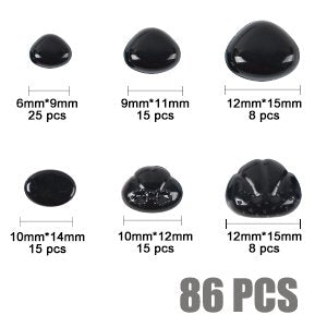 Assorted black safety eyes and noses with size and quantity labels, and a total count.