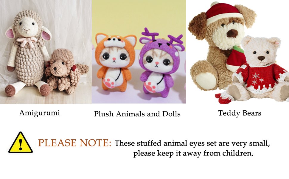 Collage of stuffed animals including amigurumi sheep, plush cats, and teddy bears, with a warning note about small parts.