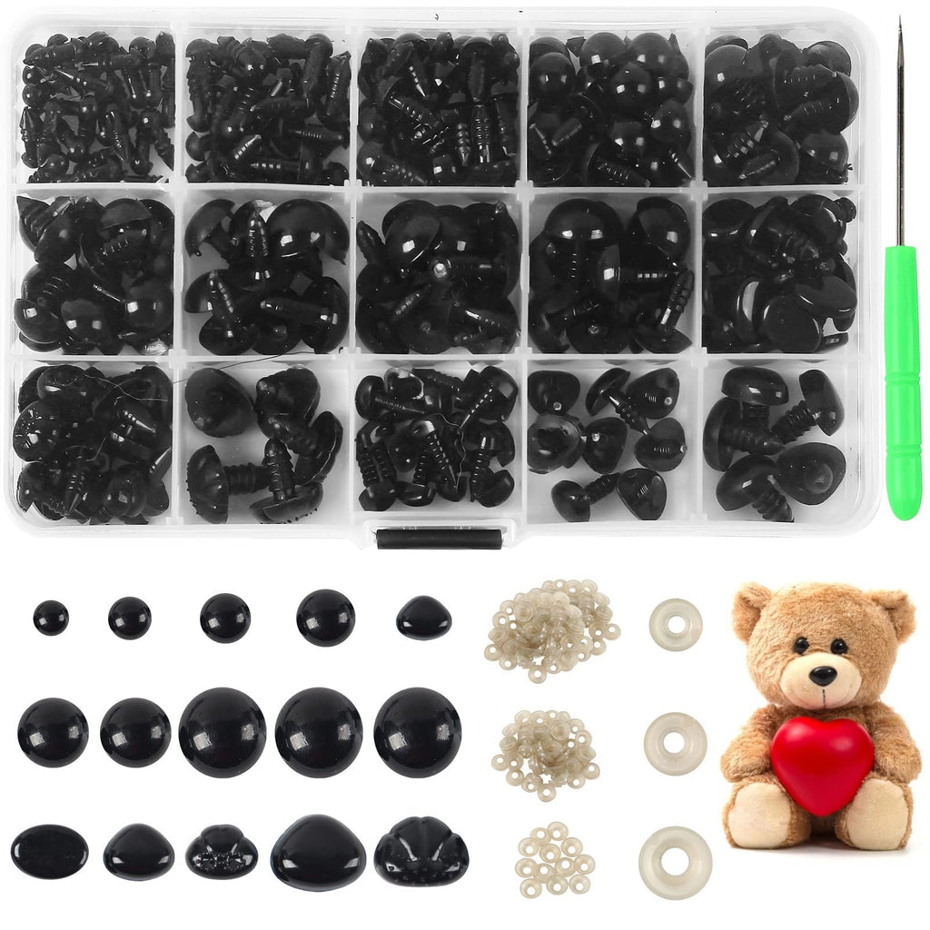 Assorted black safety eyes and noses in a divided container with a green awl and a teddy bear holding a red heart.