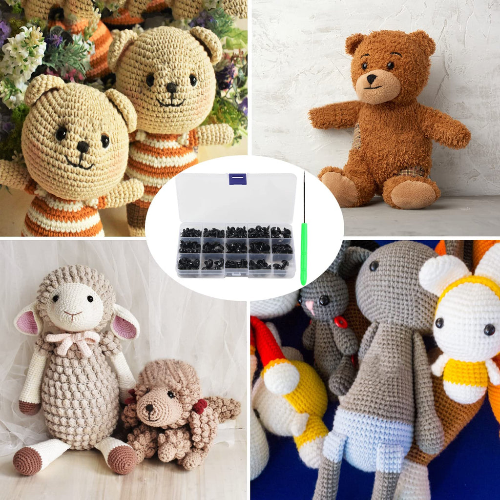 Collage of crochet toys with a storage box of safety eyes and noses and an awl tool.