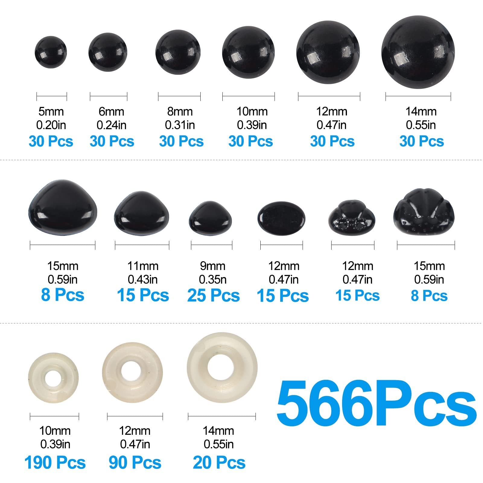 Assorted sizes of black safety eyes and noses with clear washers, labeled with dimensions and quantities.