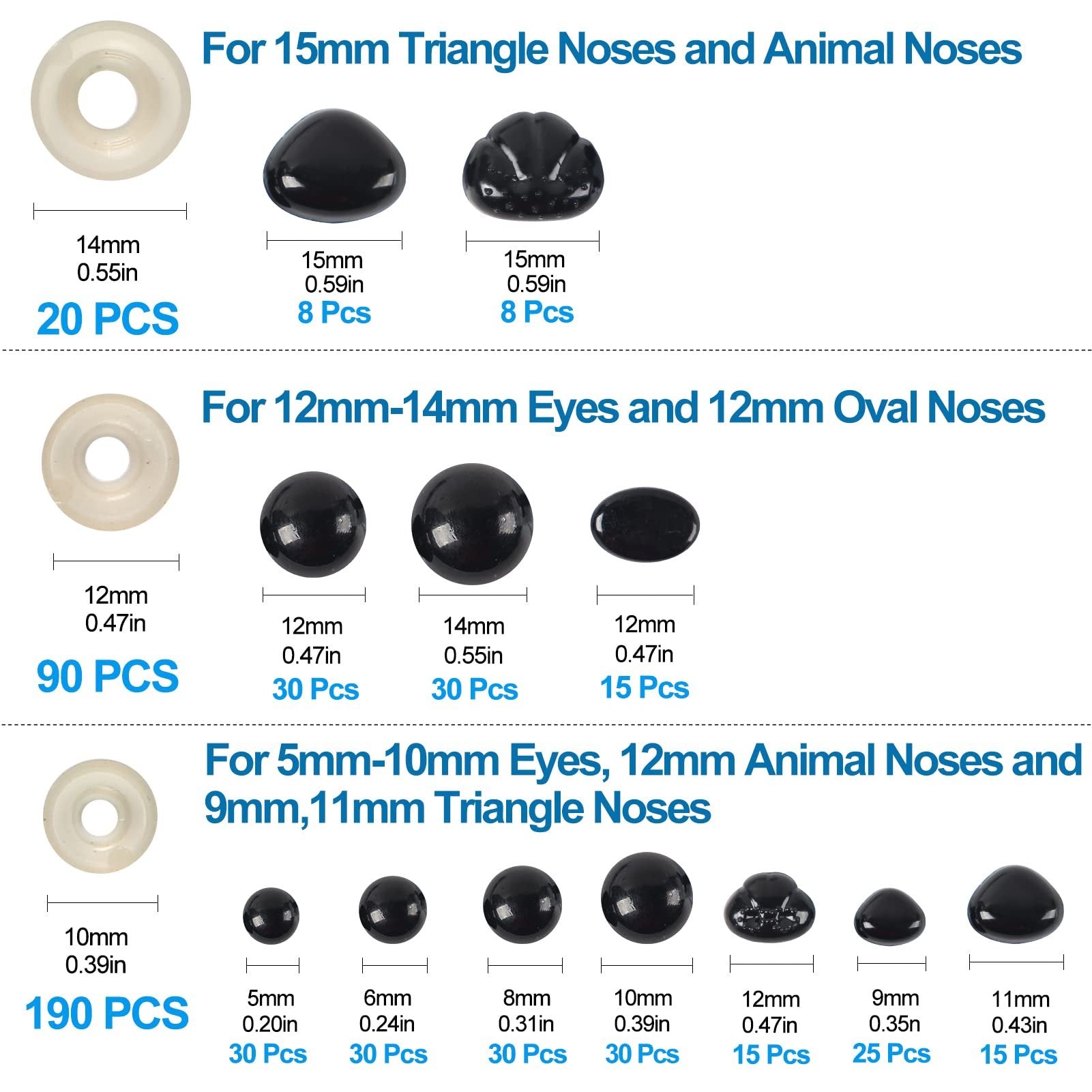 Assorted safety eyes and noses in various sizes and shapes, with measurement and quantity labels.