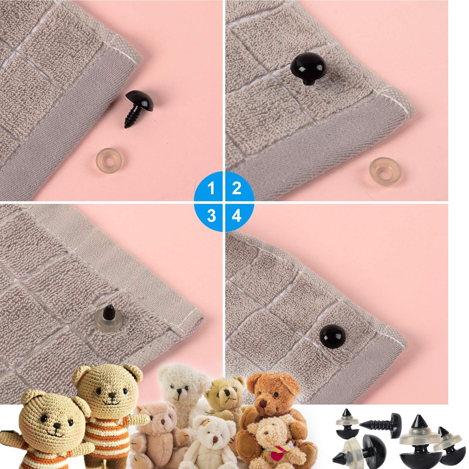 Four panels showing how to attach safety eyes and noses to fabric, with a collection of teddy bears and assorted safety eyes and noses at the bottom.